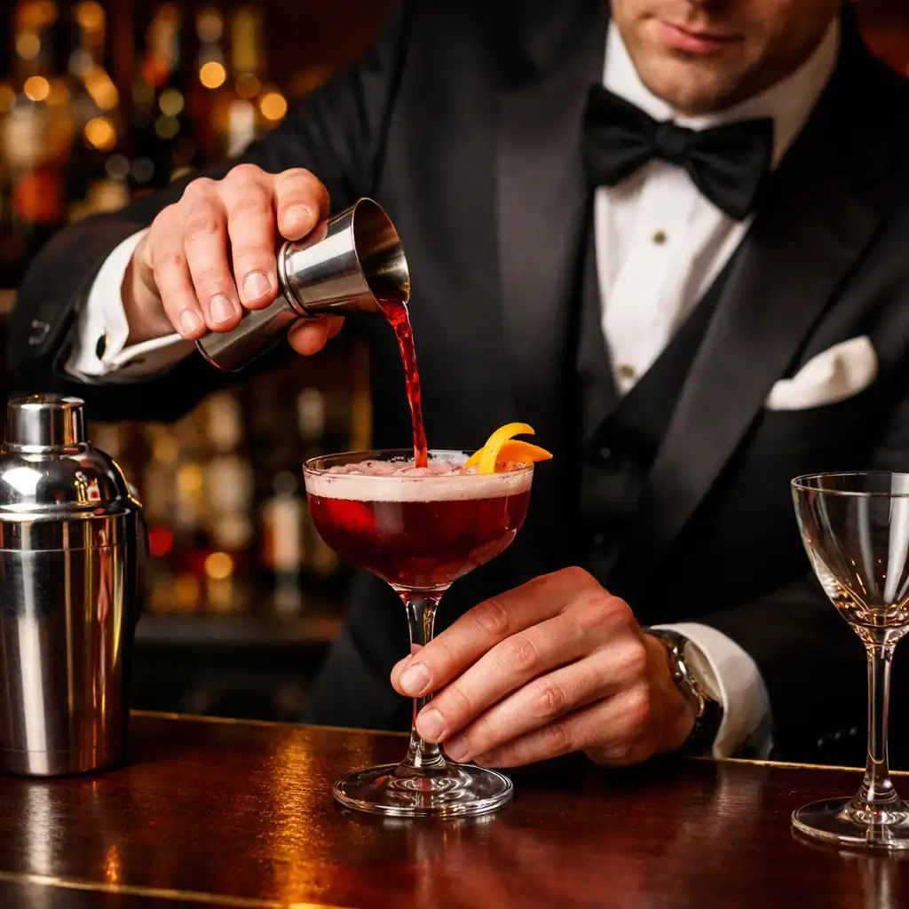 Barman w eleganckim stroju przygotowuje koktajl, na blacie stoją kieliszki i shaker, w tle butelki alkoholi na ciemnych półkach