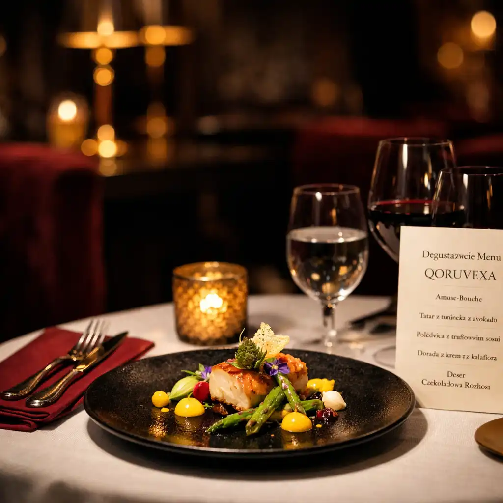 Elegancko nakryty stół z degustacyjnym menu, na talerzu artystycznie podane danie, w tle ciemne wnętrze z mosiężnymi lampami