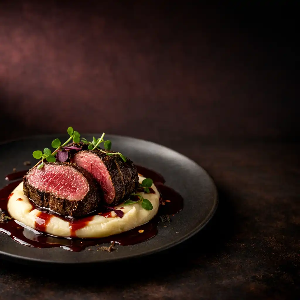 Eleganckie danie haute cuisine z polędwicą z dziczyzny na ciemnym talerzu