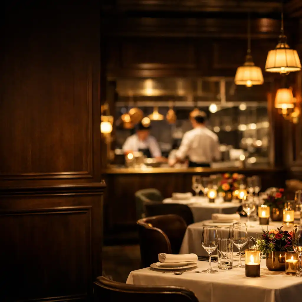 Elegancka sala główna bistro Qoruvexa z ciemnymi panelami, mosiężnymi detalami i nastrojowym oświetleniem
