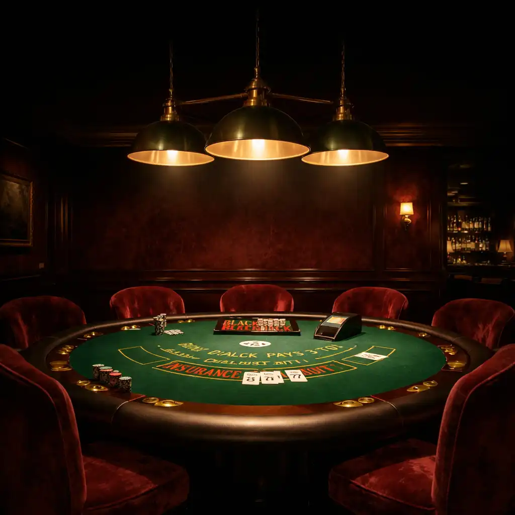 Wnętrze prywatnego kasyna offline ze stołem do blackjacka, mosiężnymi lampami i ciemnymi burgundowymi ścianami