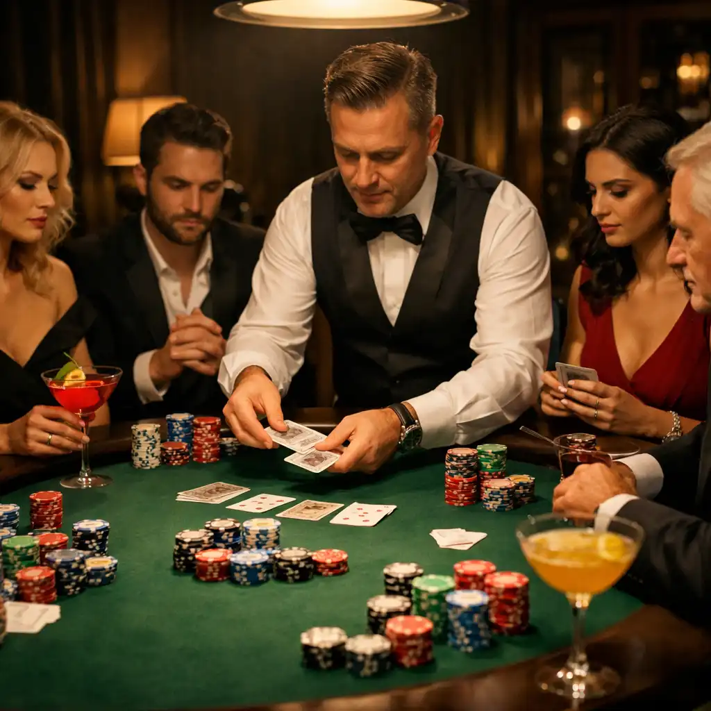 Goście przy stole karcianym podczas wieczoru pokerowego